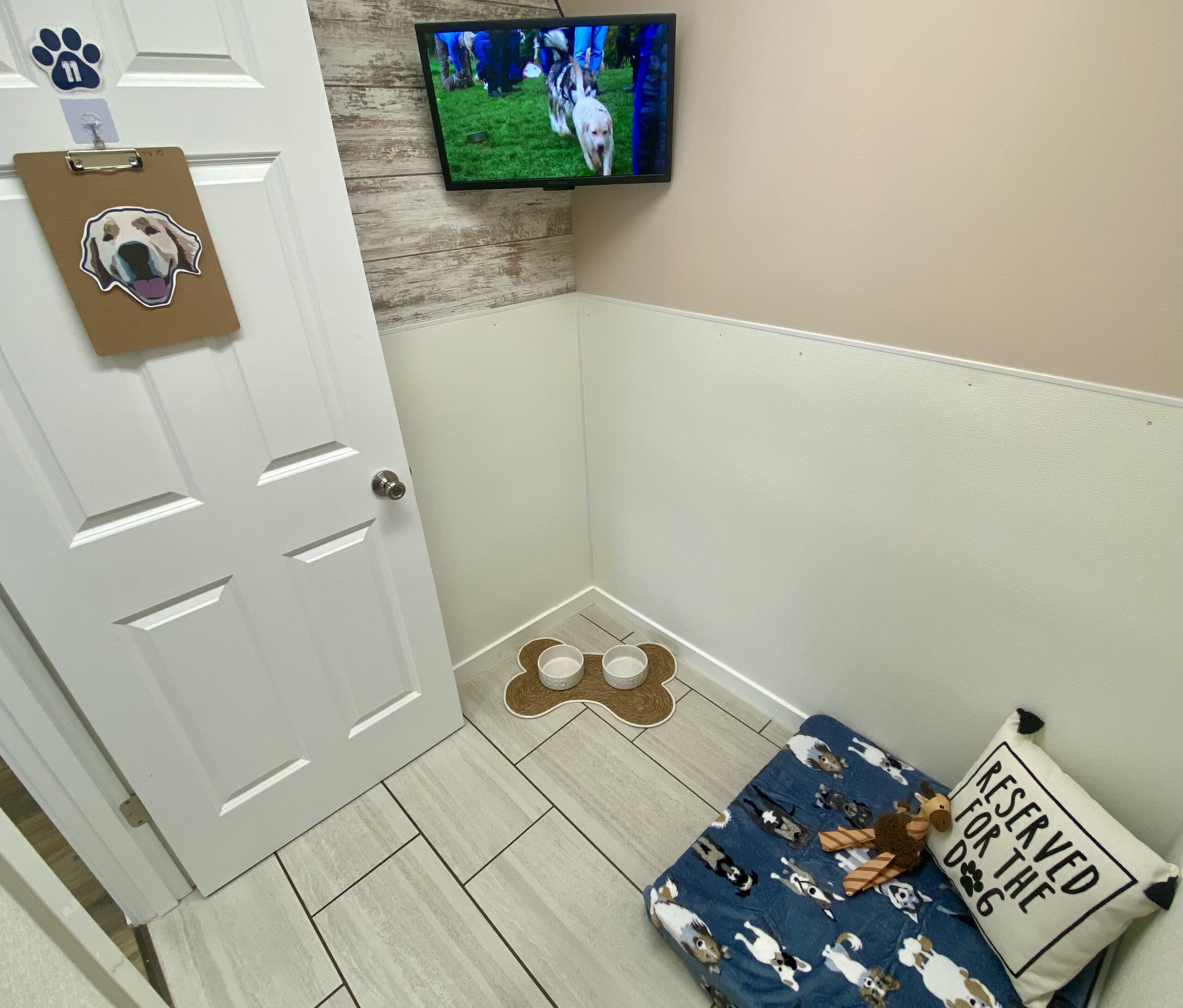 View of dog boarding suite with bed and decorations at Bittersweet Pet Resorts near Goshen, IN